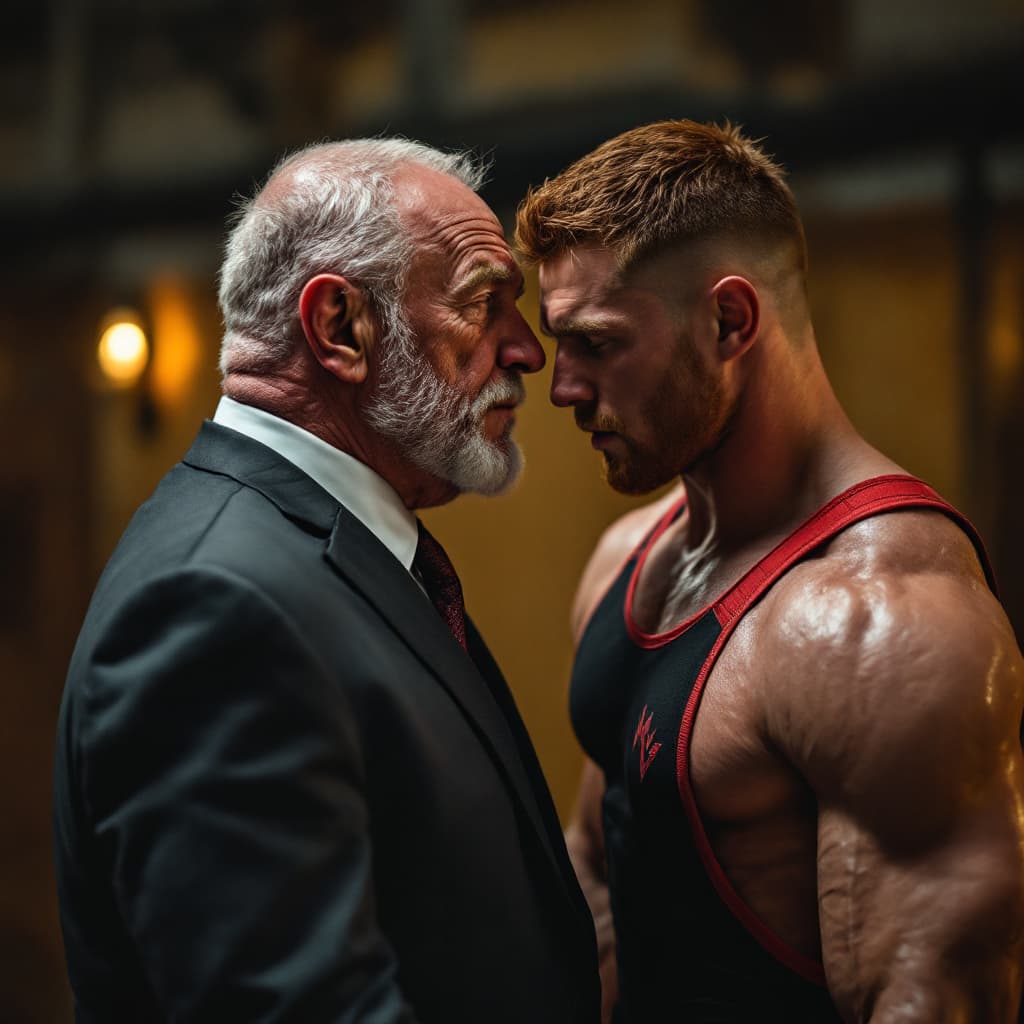 AI generated: high-resolution photo of a old man wearing suit and tie, spanking muscular, man with light red hair,...