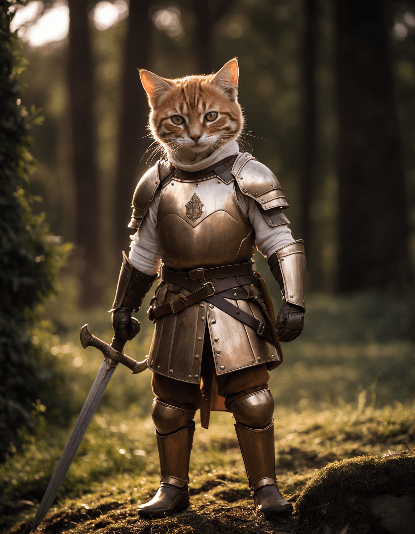 AI generated: cinematic film still awardwinning photo cute cat, rust, epic, knight wearing armor, sword and shield...