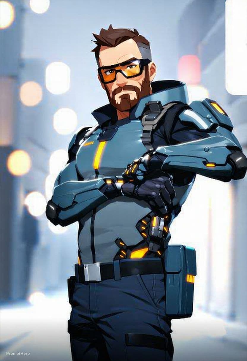AI generated: High quality portrait of Gordon Freeman from HL2. Art by Makoto Shinkai, Crunchyroll, pixiv, danboor...