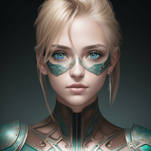 AI generated: front direct view portrait of blond woman head, brown eyes, metalic skin, disappearing into the pati...