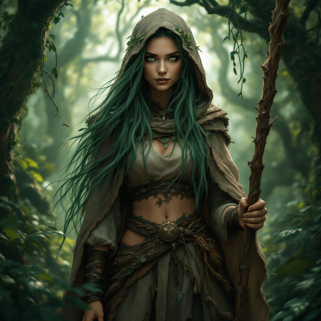 AI generated: The Sentinel of the Forgotten Woods: A skilled guardian with long, flowing, emerald green hair, styl...