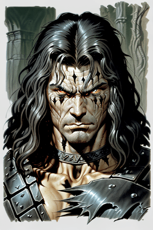 AI generated: character concept art. a gray - skinned brutal scowling man with medium - length black wavy hair, we...