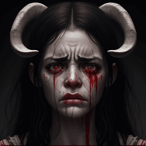 AI generated: realistic epic, Woman crying with (goat horns 1. 2), sad look, deeply sad facial expression, red and...