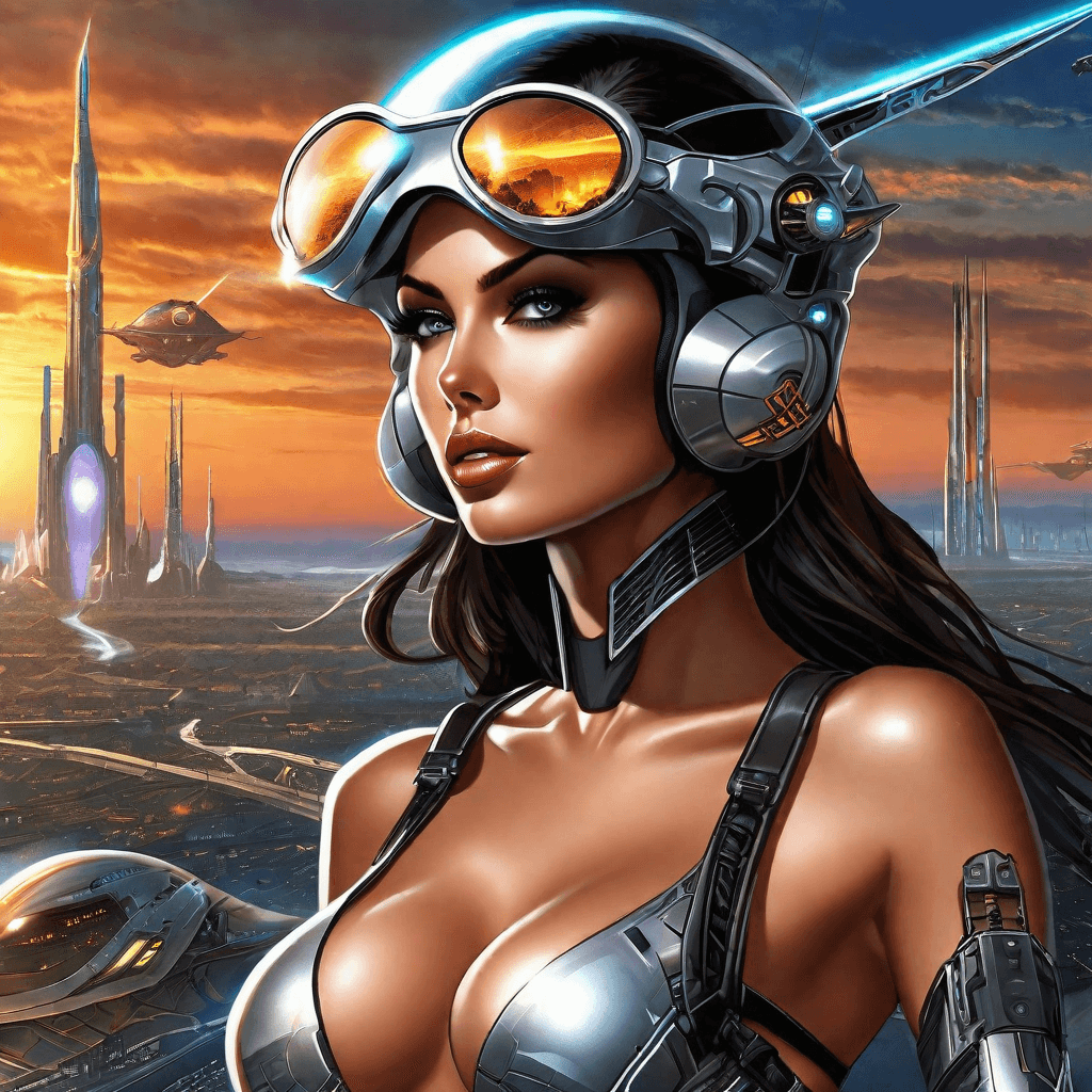 AI generated: A futuristic cyber world background, female battle synth warrior portrait, fantastical attractive be...