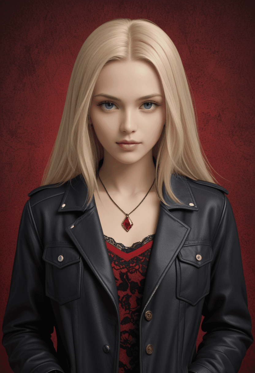 AI generated: Fairy tale Stylized portrait of a woman with long blonde hair,black lace bralette,black jacket,hands...