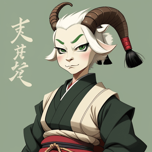 AI generated: artwork by Stan Sakai, style Stan Sakai, 
anthropomorphic goat, female, samurai, green eyes, anime
