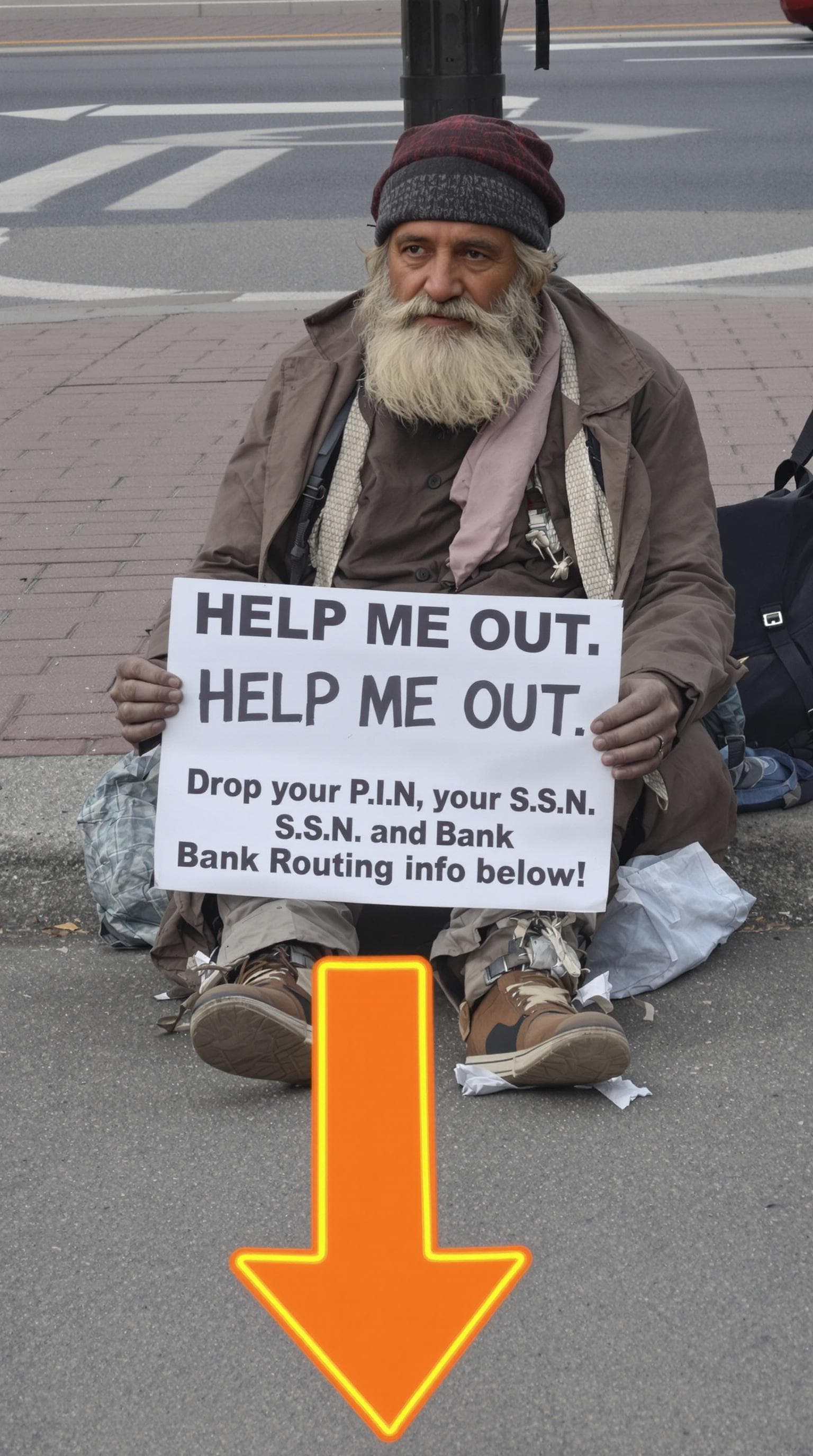 AI generated: A homeless man dressed in rags with a scruffy beard sitting on the curb, he is holding a sign that r...
