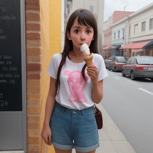 AI generated: a girl stands and eats ice cream