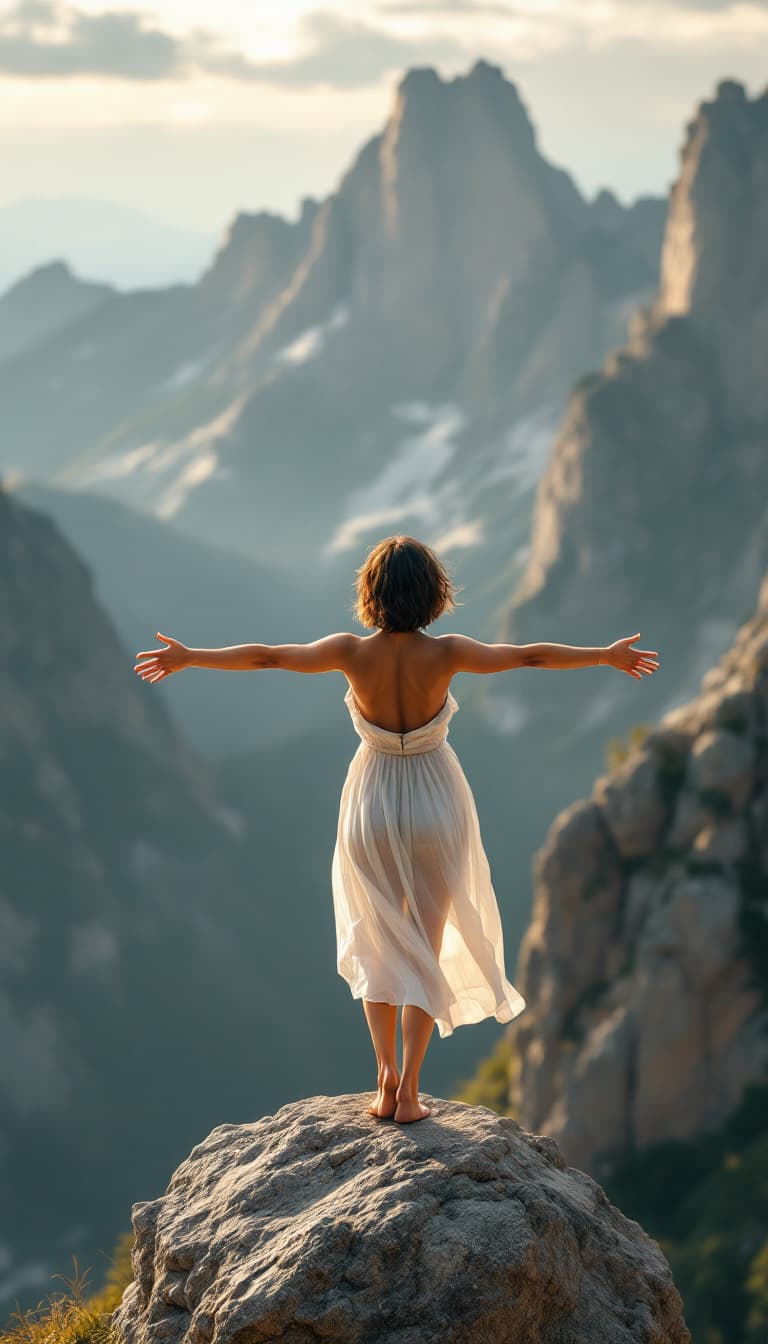 AI generated: realistic photo of a mountain landscape, standing on the edge of a cliff with her arms outstretched,...