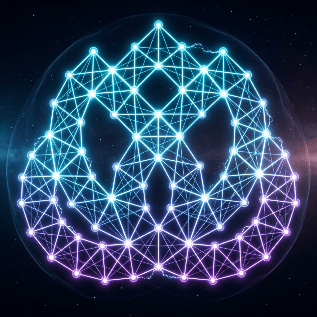 AI generated: "Interconnected mesh network of nodes forming a resilient cluster in space, multiple glowing nodes c...