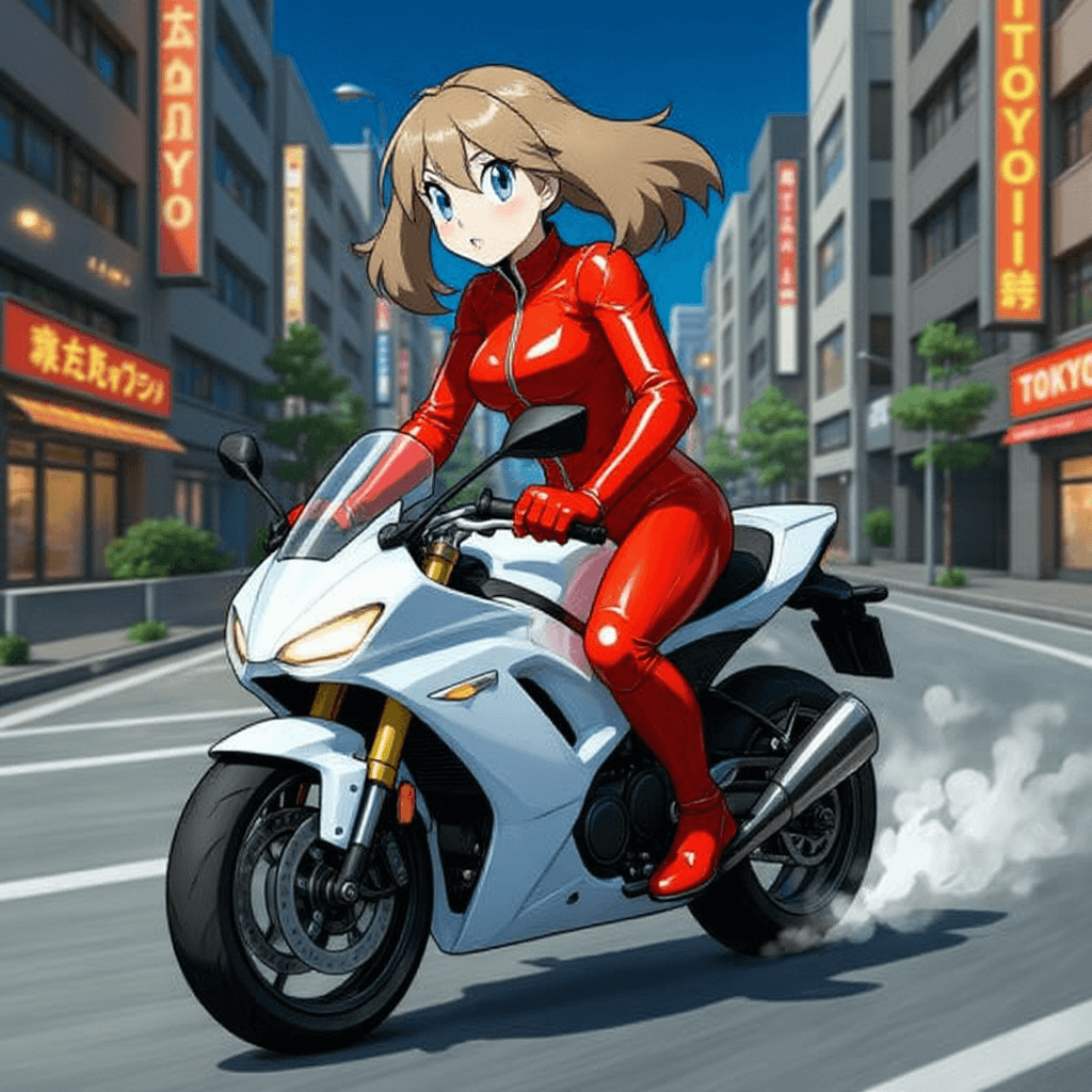 AI generated: women in red jumpsuit riding a futuristic motorcycle along the streets of tokyo