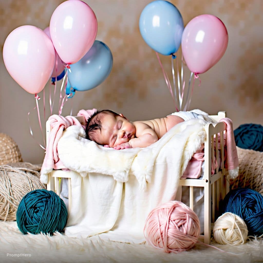 AI generated: create a image of a newborn in a super padded pink and blue crib with balloons around it with soft g...