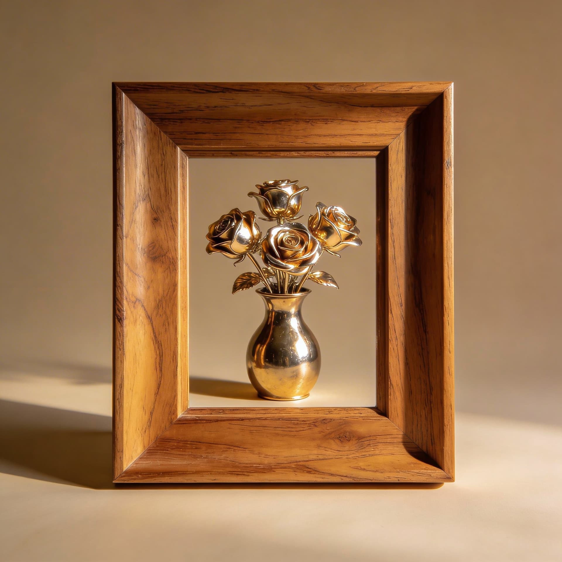 AI generated: A wooden picture frame with a centered image of a metallic vase of metallic roses