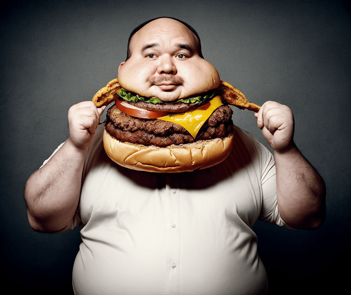 AI generated: a fattest fat man wearing shirt with large letters "STABLE", holding abnormal huge hamburger in hand...