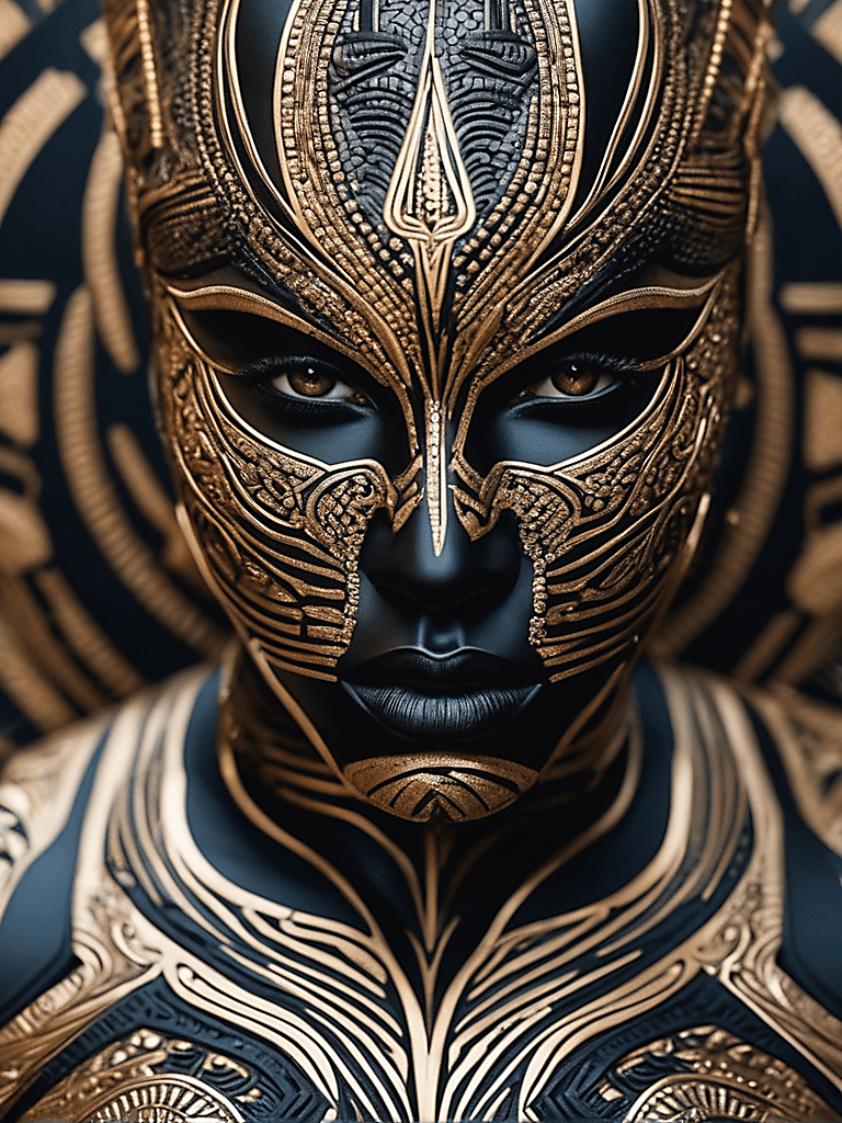 AI generated: intricate closeup-shot, masterpiece artwork, latin skin-tight body, tribal suit, black accent
