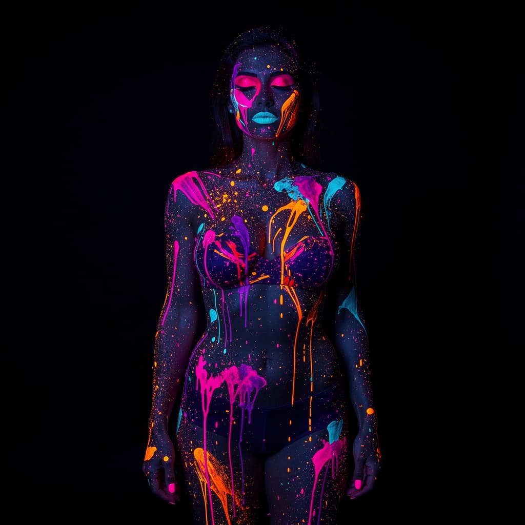 AI generated:  full body ighlyy detailed portrait of a woman with her face and upper body covered in splashes of n...