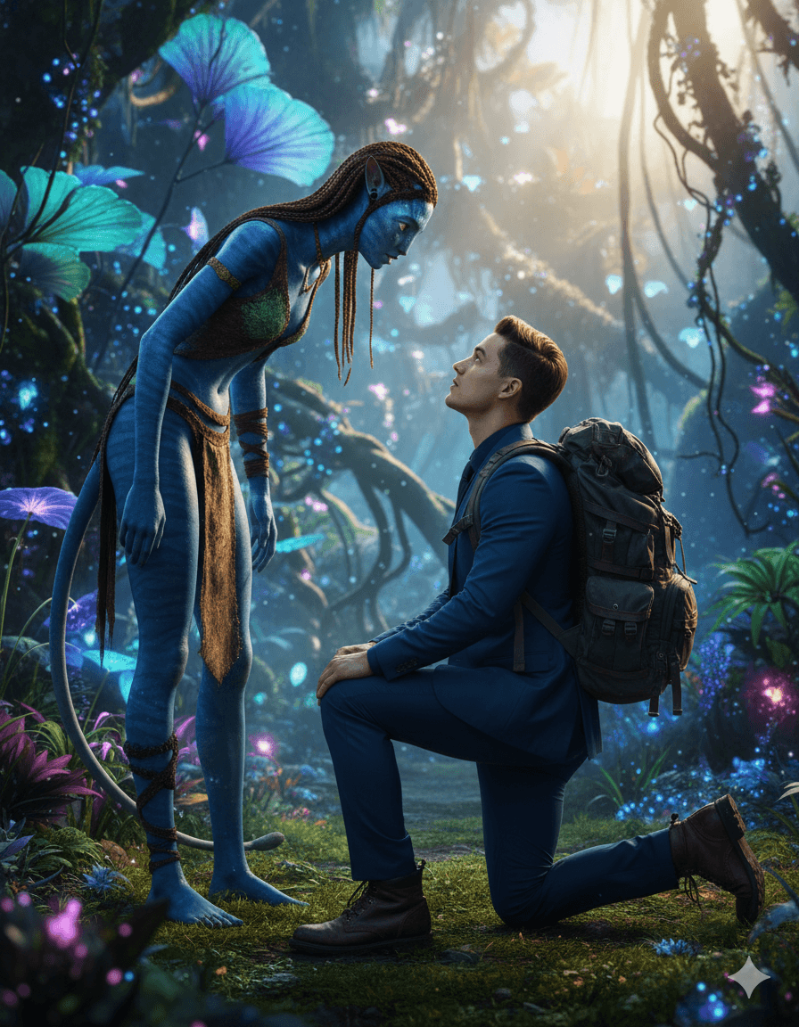 AI generated: Ultra-realistic cinematic footage. The dapper man kneels on one knee in Pandora's glittering jungle,...