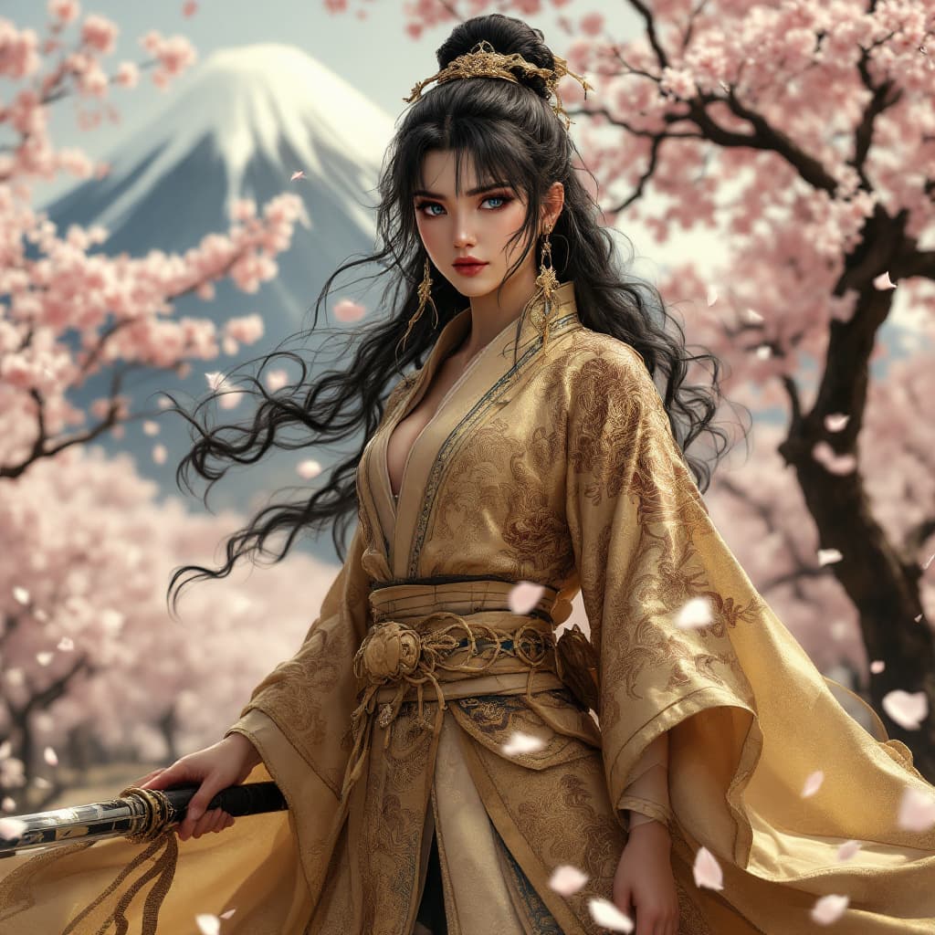 AI generated: a extremely realistic and  beautiful and physically fit Japanese kunoichi, with  curly jet black hai...