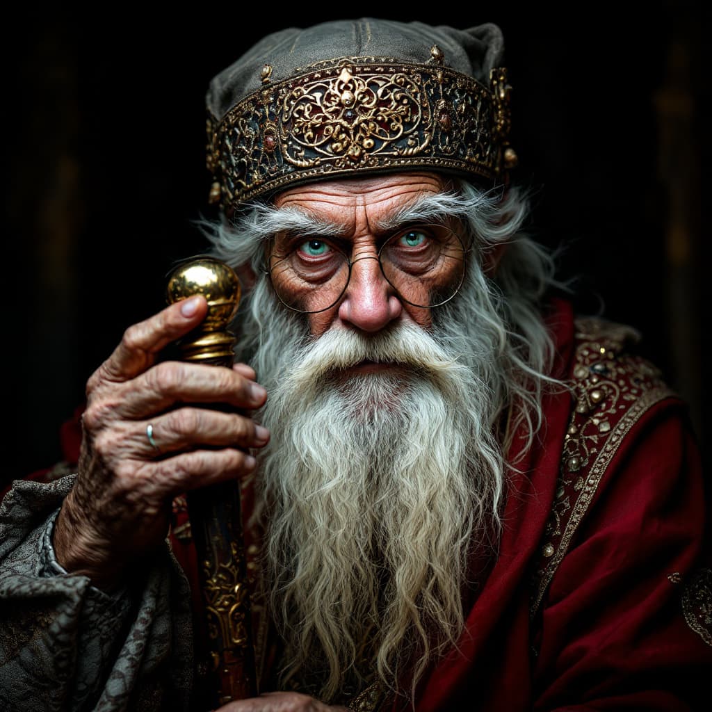 AI generated: hyper-realistic (fabled character tale1:3) old wise man with detailed eyes,  with withe clothes are ...