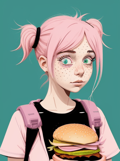AI generated: An illustration of a quirky girl with pink hair, in the style of Flat shading, Gemma Correll, with f...