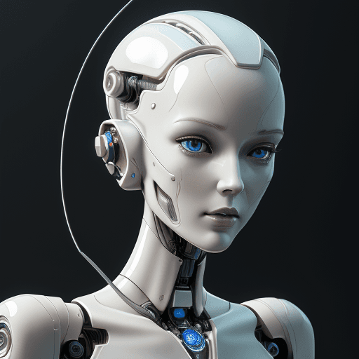 AI generated: medium long shot photo, gorgeous woman, porcelain robot body, beautiful android face, head with wire...