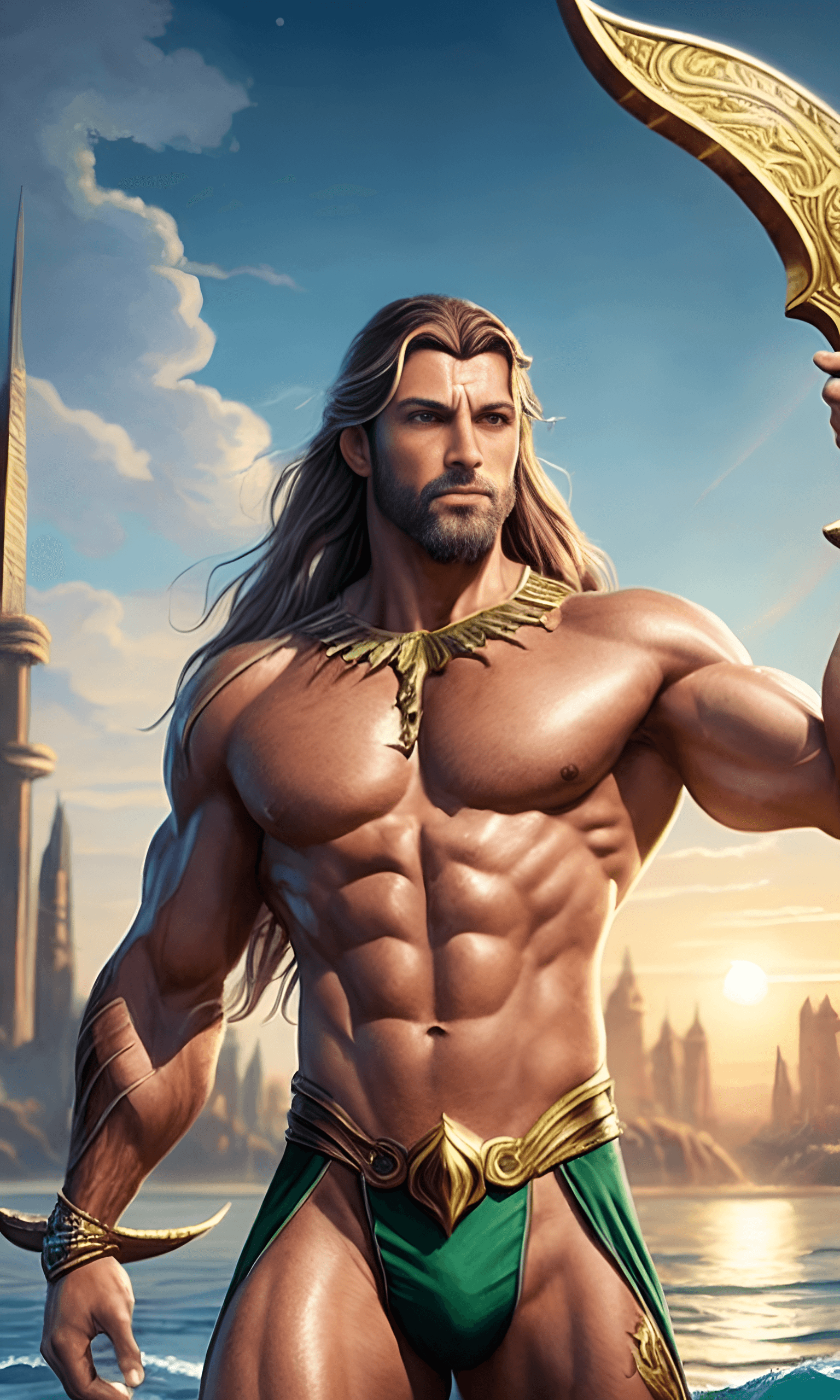 AI generated: A cosmic ancient atlantean ethereal god being, long flowing hair, muscular, gold attire outfit, floa...