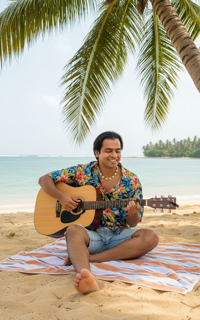 AI generated: (Chilled-out Musician):
Subject: A  late-20s man. Clothing: Loose, open-collared Hawaiian shirt wit...