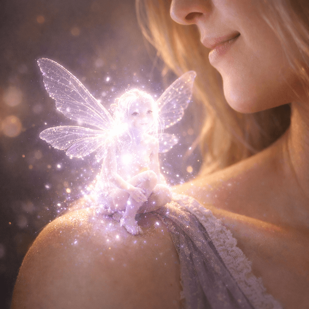 AI generated: A tiny being of light sits on Claire's shoulder, glowing softly in warm violet-silver. Delicate, tra...