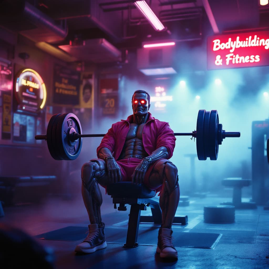 AI generated: A hyperrealistic 1980s-style cinematic scene showing the Terminator from The Terminator movie seated...
