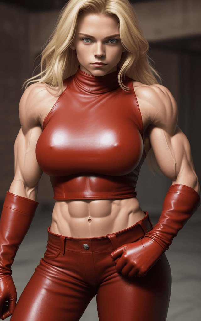 AI generated: 18 year old strong muscular woman, six pack,  toned biceps, long blonde hair, wears red Leather pant...