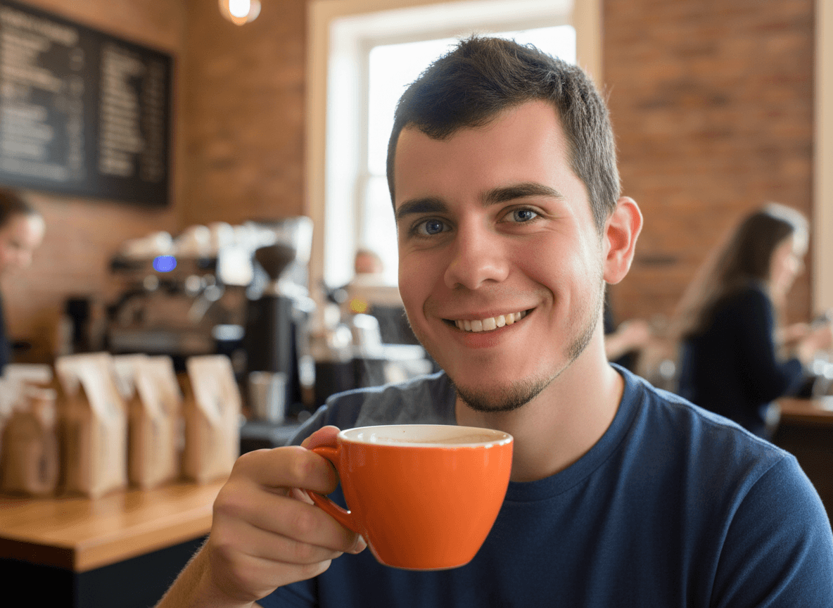 AI generated: The guy has blue eyes. He is at a coffee shop. He is grabbing his orange coffee cup while he is smil...