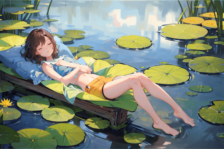 AI generated: sam yang, 1girl, thumbelina, sleeping on her side, pillow, brown hair, pond, lake, oasis, whole body...
