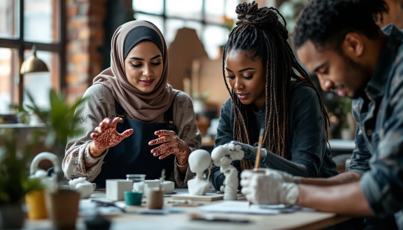 AI generated: /imagine prompt: Cross-cultural design sprint in loft studio, Muslim woman (hijab fabric texture vis...