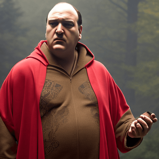 AI generated: Tony Soprano is dressed in a robe with a hood and holds a cigar in his hands near his face, exhaling...