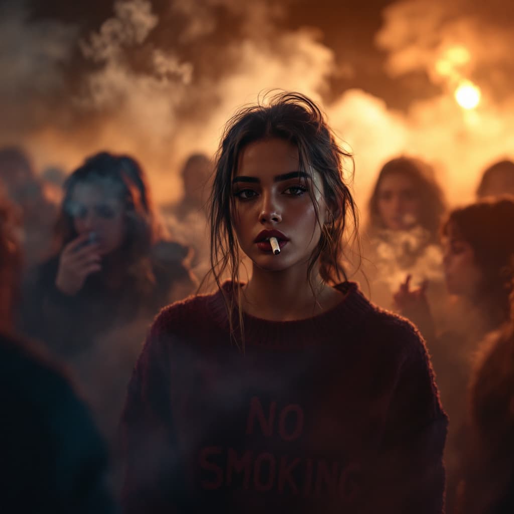 AI generated: photo of a pertty female with cigarette in her mouth,wearing knitted sweater with text "NO SMOKING"....