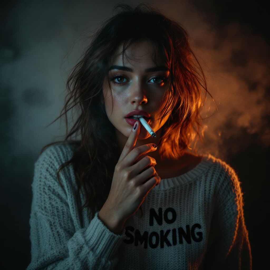 AI generated: photo of a pertty female with cigarette in her mouth,wearing knitted sweater with text "NO SMOKING"....
