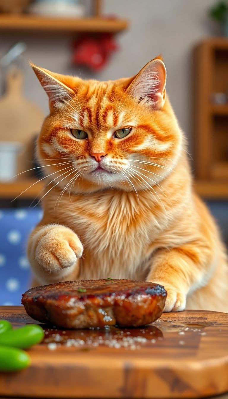 AI generated: Orange cute fat cat is making a steak