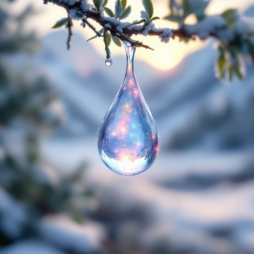 AI generated: A delicate opal water drop hanging from a branch in the early morning light, decorated with glitteri...
