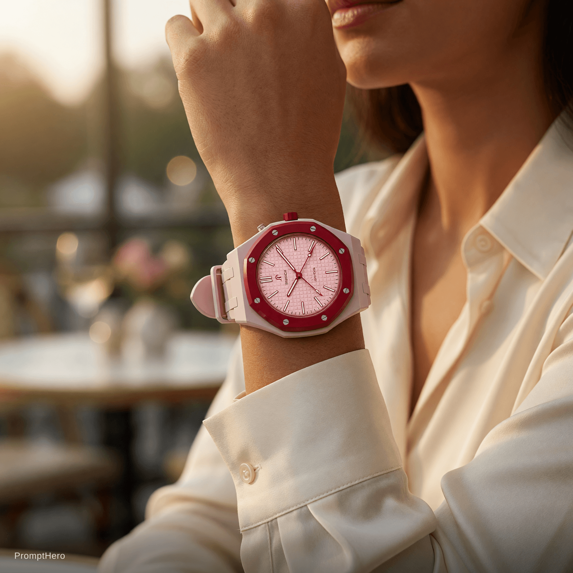 AI generated: la femme qui porte la montre téléchargé autour de son poigné