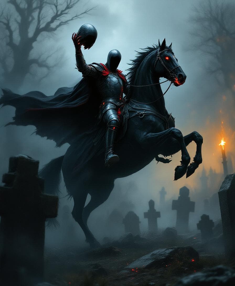 AI generated: A dark fantasy scene of the Headless Horseman: a knight's armored body without a head, riding a stro...
