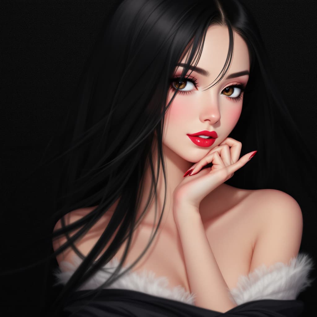 AI generated: AD magazine, Black hair,Women,long hair, elegance,anime
