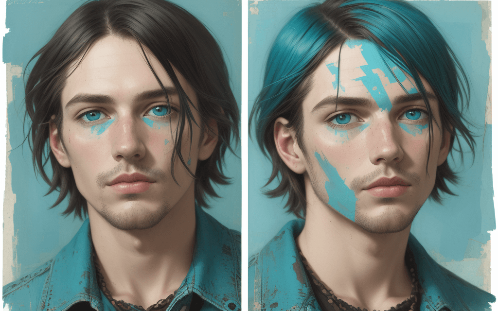 AI generated: Collage print of a man's face, in the style of Joseph Cote, grunge beauty, Diane Ion, turquoise and ...