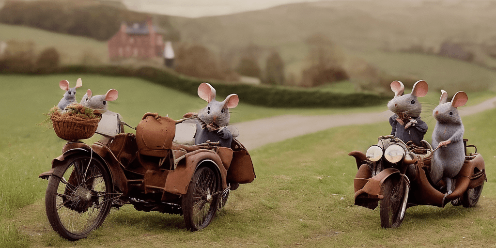 AI generated: cinematic film still award winning photo, style beatrix potter, 2 grey mice, wearing open face crash...