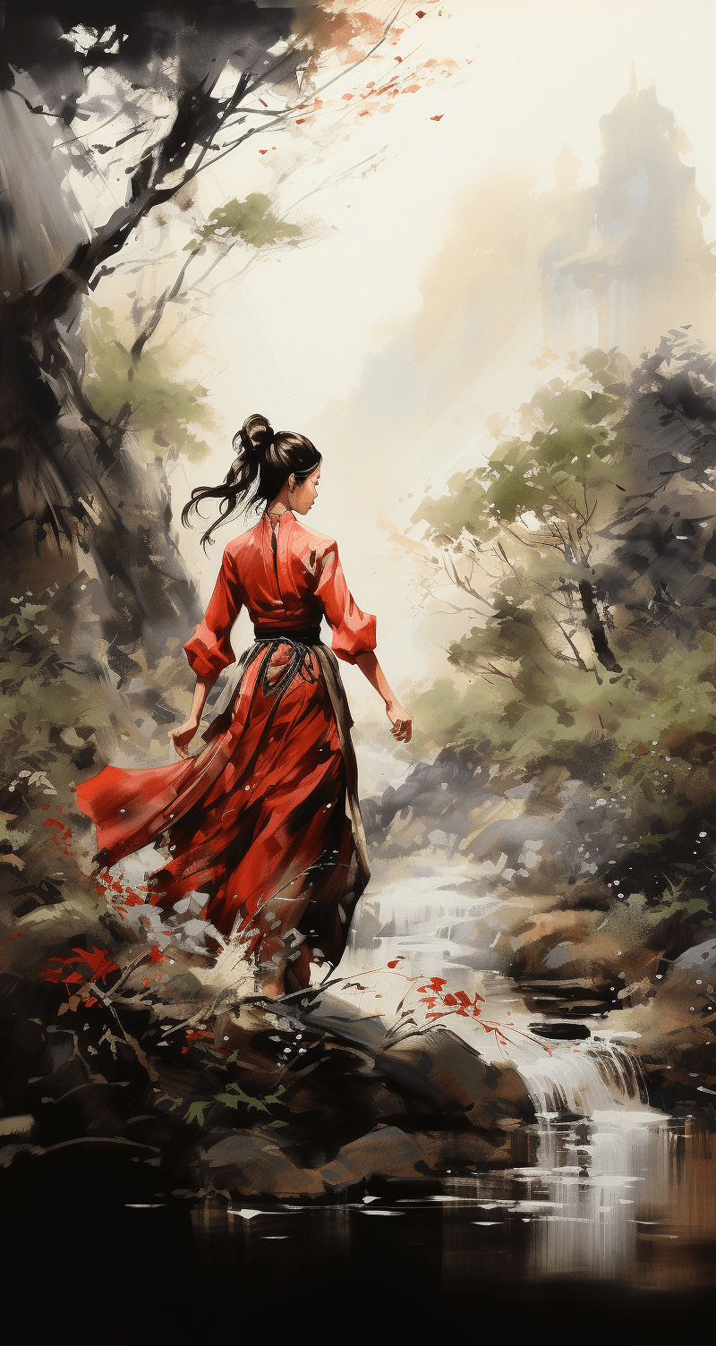 AI generated: two Japanese women karate fighting in a forest, in the style of traditional Japanese ink painting, t...