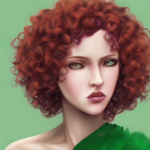 AI generated: red hair, purple eyes, curly hair, girl, european face, green dress, realistic art