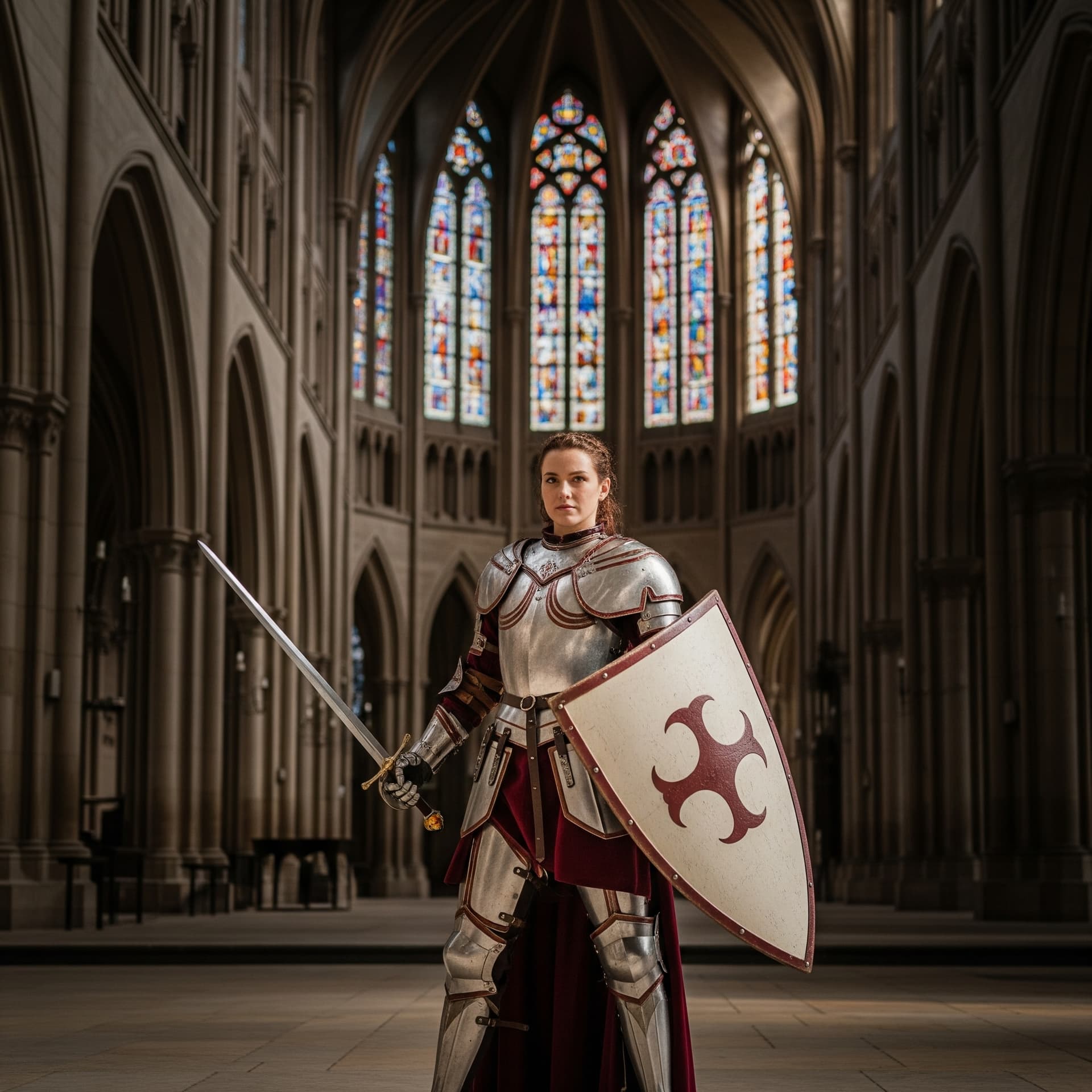 AI generated: photography of a woman in pearl-toned ceremonial armor with burgunder-rot accents, holding a sword a...