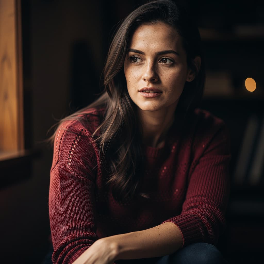 AI generated: cinematic image with dark shadows and high contrast, A fit 30yo woman with long, dark brown hair cas...