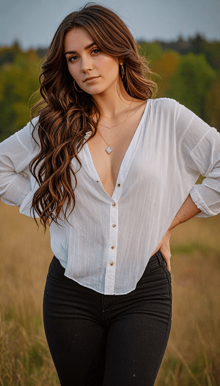 AI generated: The image features a beautiful young woman standing in a field, wearing a white shirt and black pant...