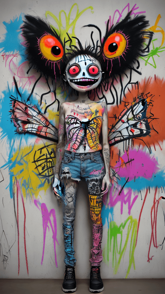 AI generated: graffitied on the wall invision my imaginary friend a Absurd Embroidery bird head spider legs red or...