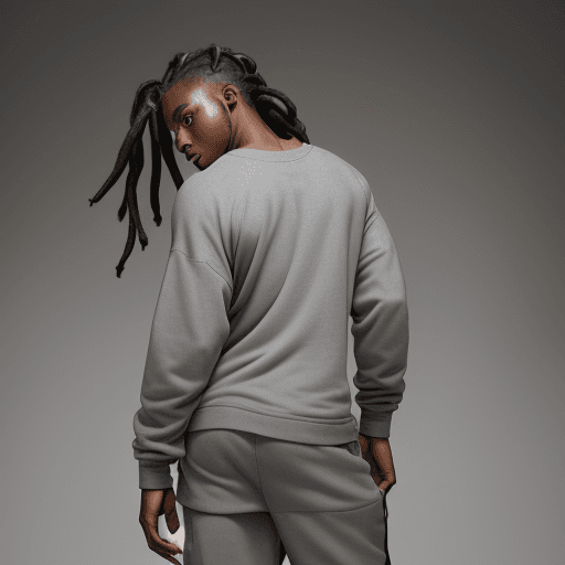 AI generated: photography, black man model, silver color dread hair, posterior side of the body, wearing an long l...